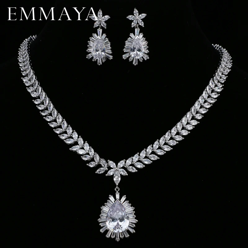 EMMAYA Gorgeous Silver Color Clear CZ Water Drop Pendants Necklaces and Earrings Jewelry Sets for Bridal