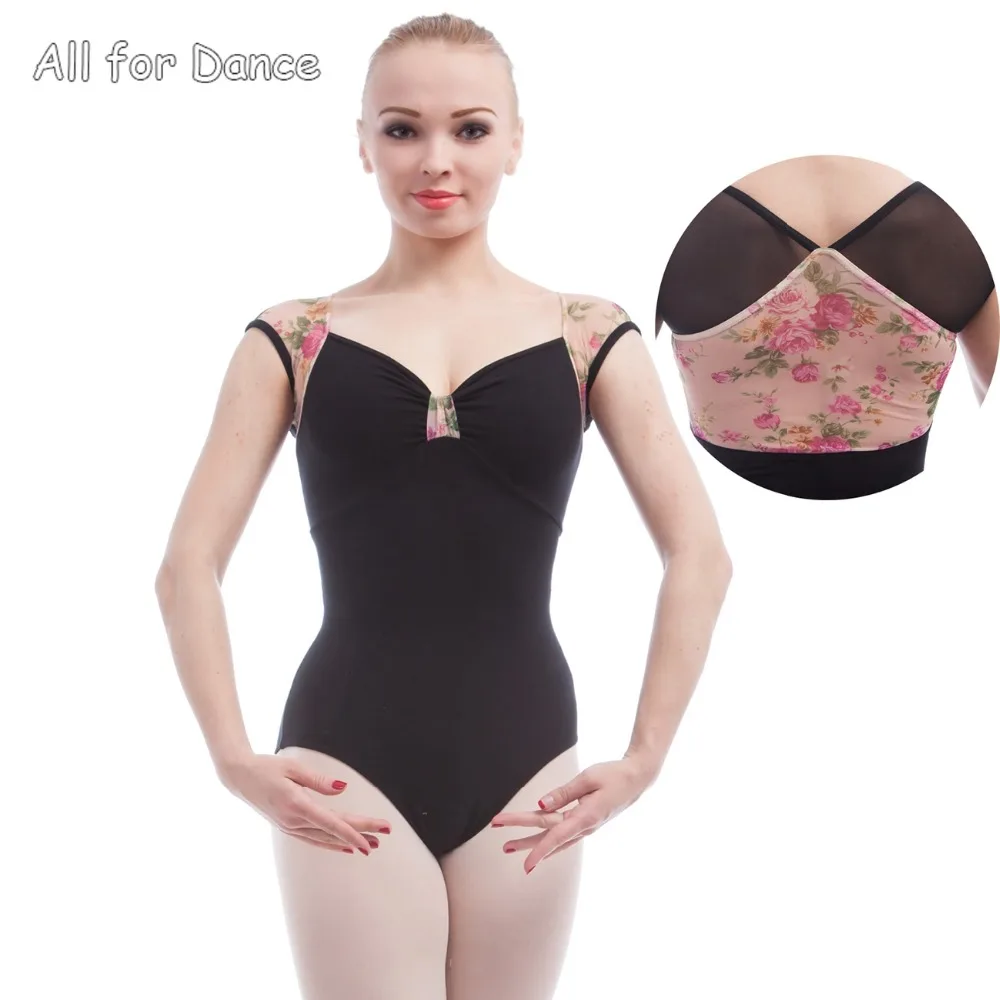 

Free Shipping Adult Ballet Leotards Black Cotton With Flower Printed Mesh Ballet Bodysuit Shapewear Gymnastic Leotard For Dance