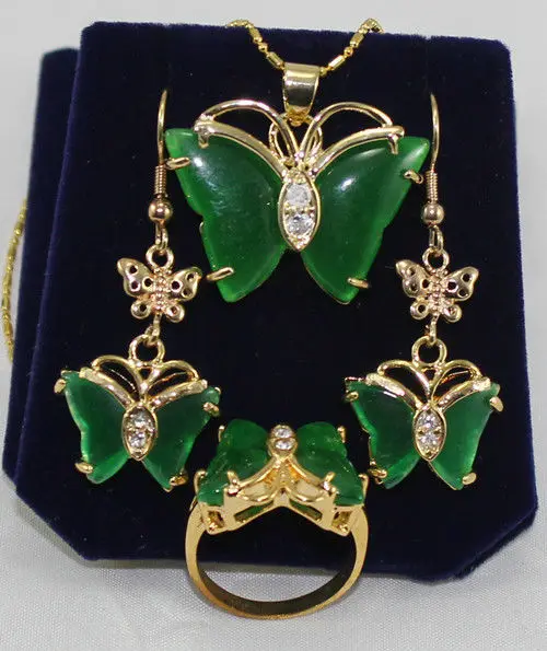 

beautiful green jades Butterfly earrings pendant ring size 7 8 9 #