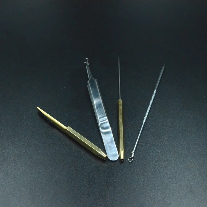CONTEMPLATOR 4pcs fly tying dubbing tools combo bodkin/needle/hook tweezer/flat dubbing teaser hackle feather/fiber kits suit