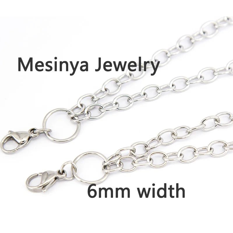 24'' 1.2mm Wire 6mm Width 316L Stainless Steel Flat Oval Lobster Closure Chain For Glass Locket Pendant Chain Necklace