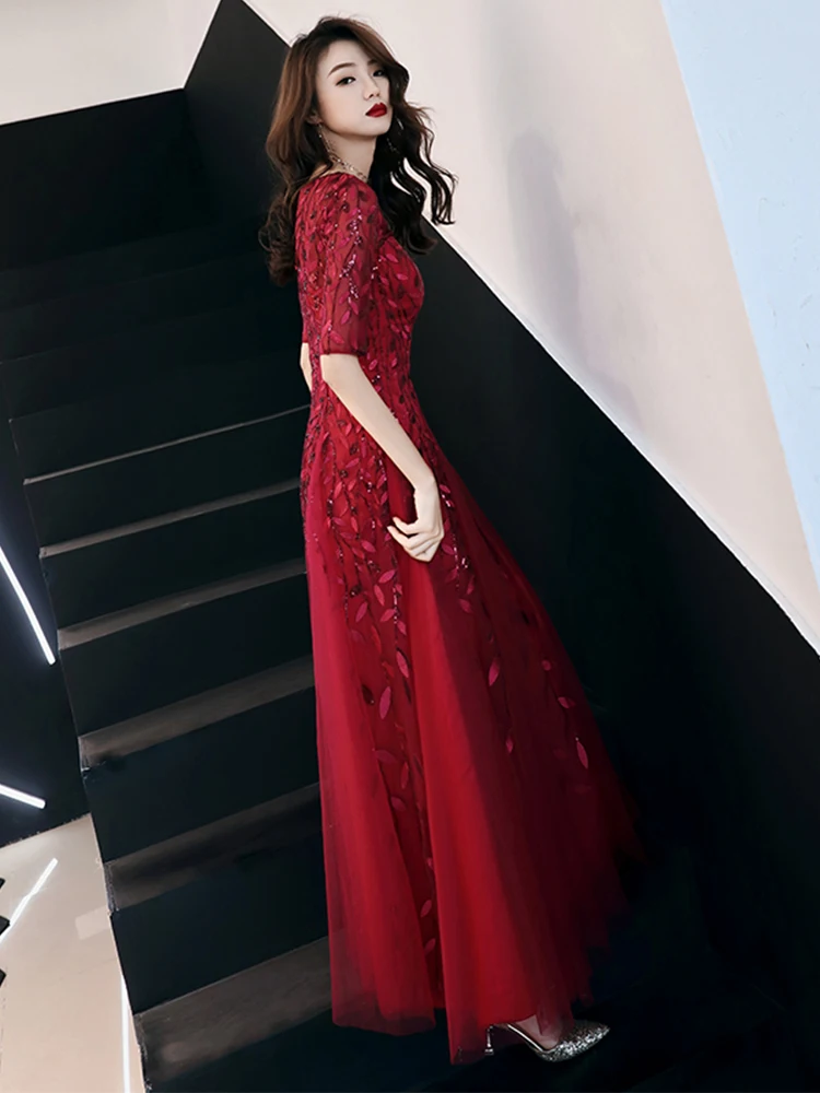 Customized Long Evening Dresses Robe De Soiree Sexy Luxury Wine Red Sequin Formal Party Dress Pom Gown WY1134