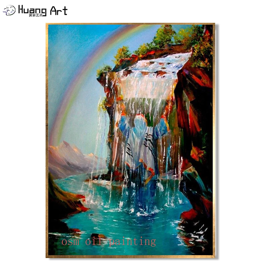 Modern Beautiful Jewish Under the Waterfall Acrylic Picture Hand Painted Rainbow Mountain Landscape Oil Painting Jesus Portraits