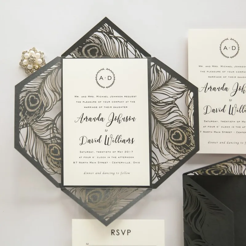 

Elegant Black Peacock Laser Cut Wedding Invitations, Creative Invites