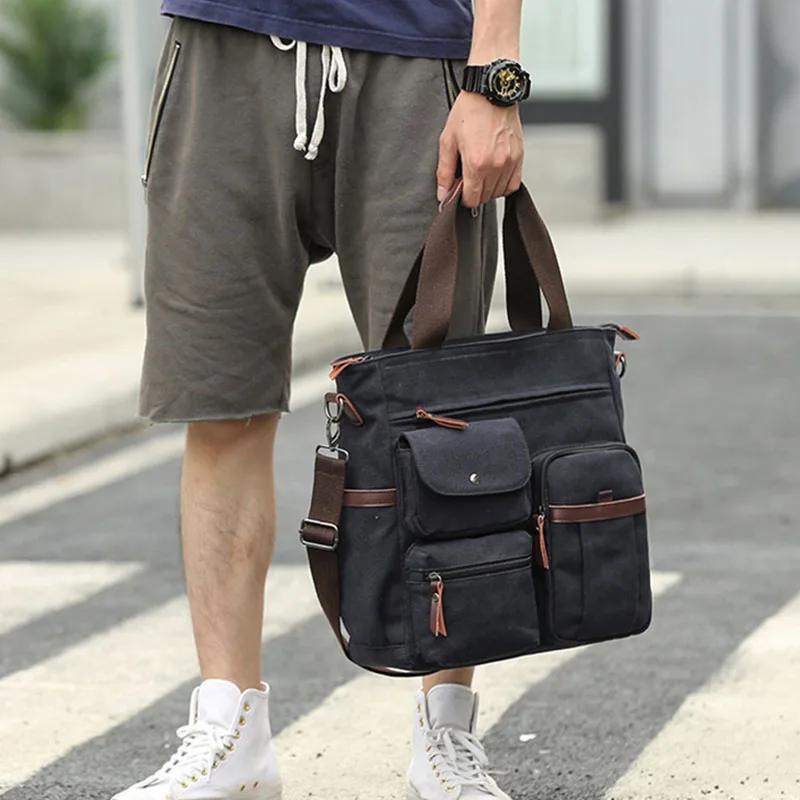 Bolsa transversal impermeável masculina, bolsa grande de lona para homens multi-funcional de lona casual laptop negócios retro bolsa mensageiro