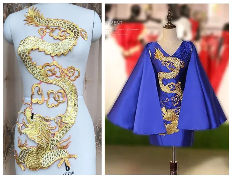 

Высококачественные великолепные кружевные нашивки с вышивкой, золотые блестки, красная пряжа Eugen, аппликация в виде китайского дракона для свадебного платья «сделай сам»