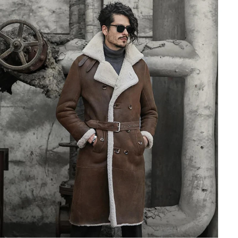 Denny&Dora Military Style Men's Shearling Coat Luxury X-Long  Men's Fur Parka Imports Wool From Australia Sheepskin Jacket Brown