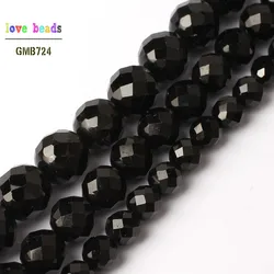 Natural Genuine Faceted Black Tourmaline Stone Round Loose Beads for Jewelry Making Diy Bracelet Necklace 15'' 4mm 6mm 8mm 10mm