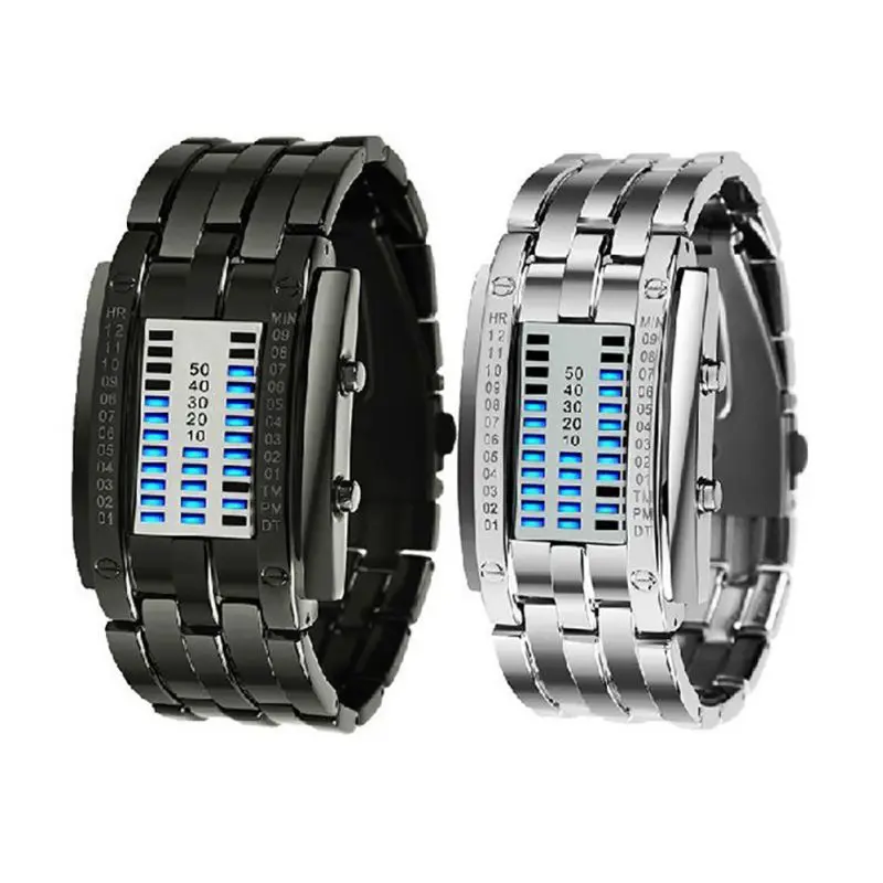 Future Technology Binary Black Stainless Steel Couple Watch Date Digital LED Bracelet Sport Watches