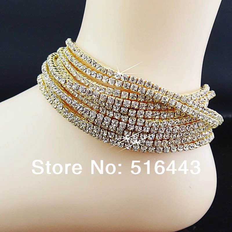 

12PCS Body Foot Jewelry Full AAA+ Top Clear Rhinestones Gold P Stretchy Fashion Anklets for womens Wedding Wholesale Lots A-944