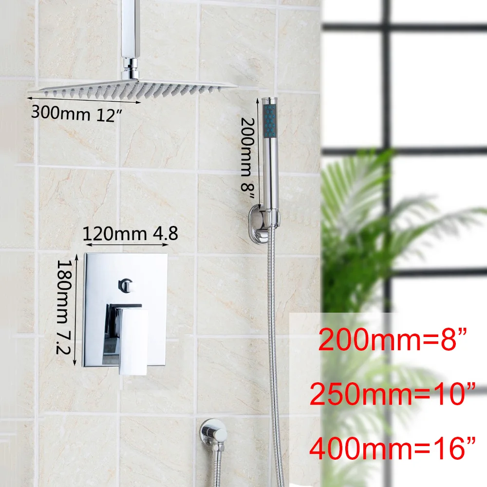 JIENI 8 10 12 16 Inch LED Ceiling Mount Bathroom Rain Shower Set Chrome Square LED Light Shower Head Shower Set Handlde Shower