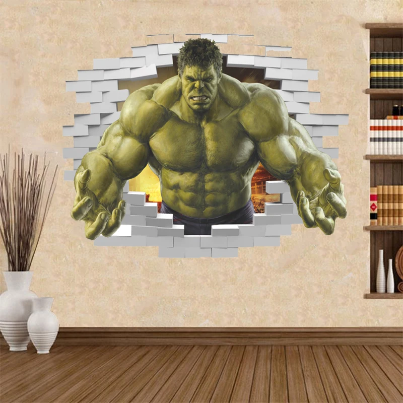 

violent Avengers Hulk Peel through wall sticker for kids rooms home decor 3d effect poster cartoon broken wall decals boy's gift