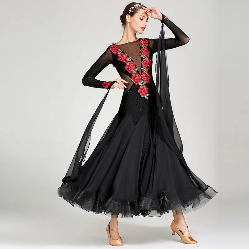 Embroidery Waltz Tango Standard Flamenco Womans Ladies Ballroom Dance Competition Dance Wear Dresses Black Mesh Long Sleeve