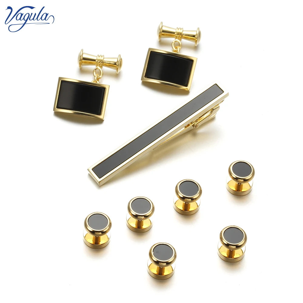 

VAGULA Trendy Cufflink Tie Clip Collar Stud 9PCS Set Spinki Tuxedo Gold-color Gemelos Cuff Links Pin Bar Men Jewelry V115