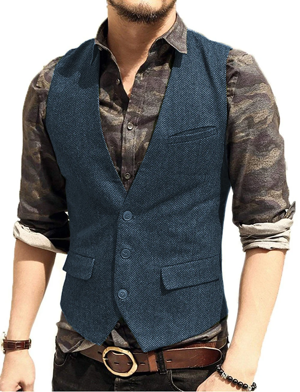 Gilet décontracté en laine à chevrons pour hommes, col en V glacé imbibé, gilet d'affaires formel, tweed Groomman, vert, noir, marron, café