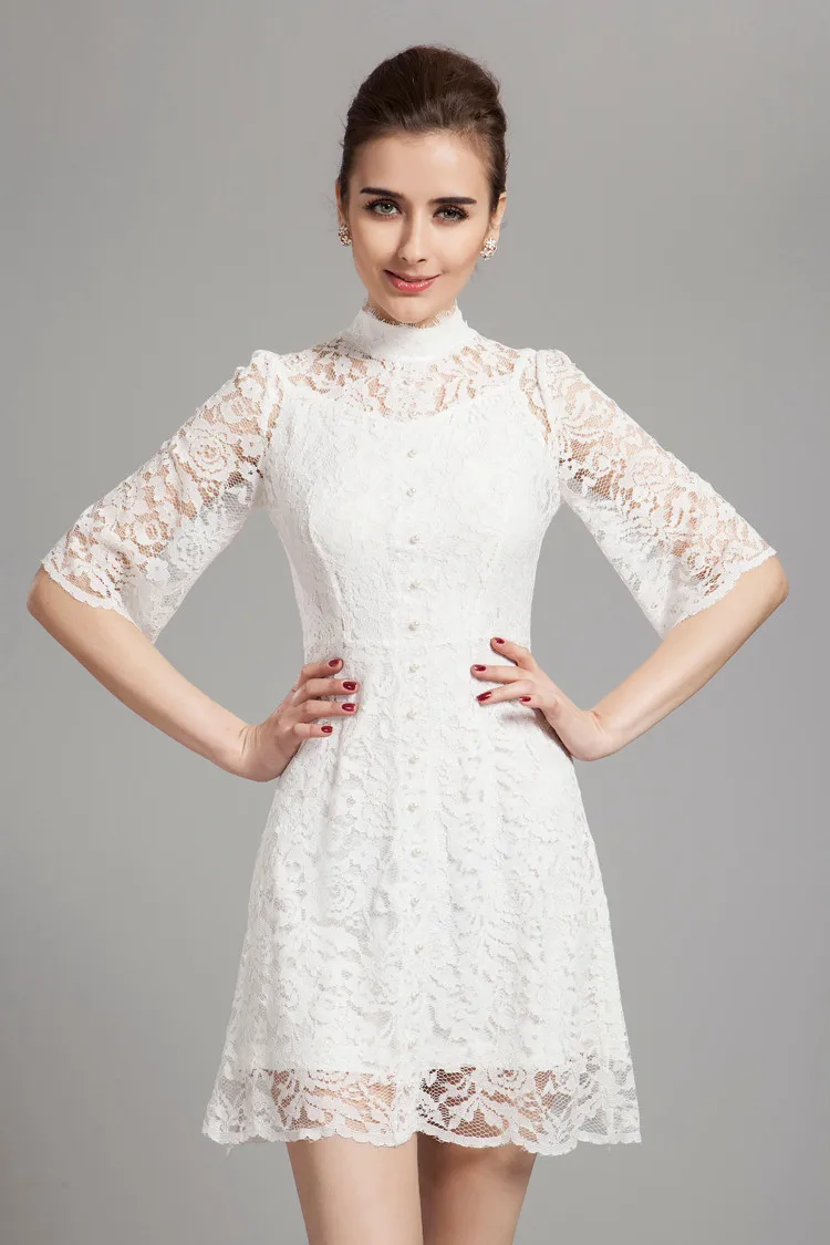 B0028 New High Neck Lace Button Two-piece Half Sleeves Short Evening Homecoming Prom Ball Women White Mini Dresses