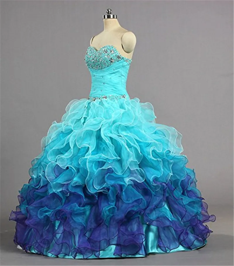 Garlilac vestido de organza com miçangas, cristais, sem alças, arco-íris, babado, vestido de baile, vestidos de quinceañera, 16 vestidos de festa de aniversário