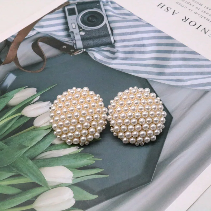 Elegant Pearls Geometric Alloy Clip Earrings Statement Big Fashion Jewelry