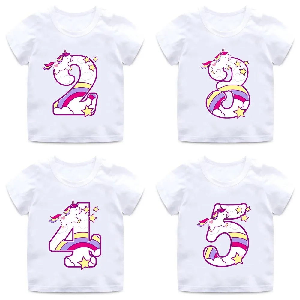 Boys/Girls Happy Birthday Unicorn Number 1-9 Bow Print T shirt Baby Cartoon Funny T-shirt Kids Birthday Present Clothes,HKP5238