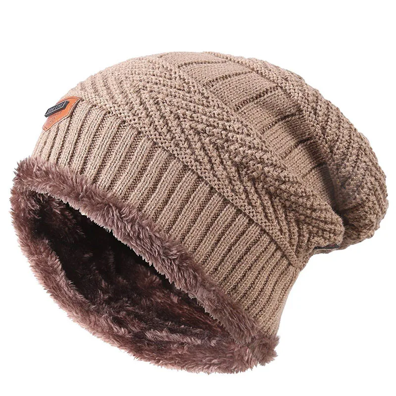 Men Warm Winter Knitted Beanie Hat Fleece Sullies Cap Black  Male Casual Thick Soft  Head Warmer