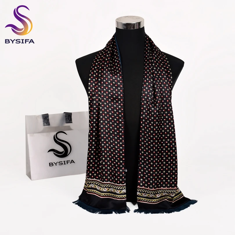 [BYSIFA] Men Business Black Silk Scarf Thicken Autumn Winter Male 100% Natural Silk Long Scarves Cravats Neck Scarf Tie 165*24cm