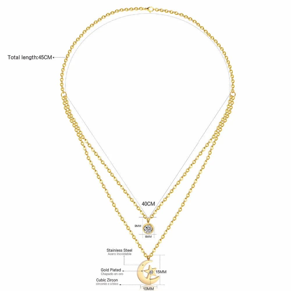 LUXUSTEEL Fashion Moon/Music Note/Fairy Shape Double Chain Necklace Steel Golden Color Charm Crystal Pendant Necklace Female