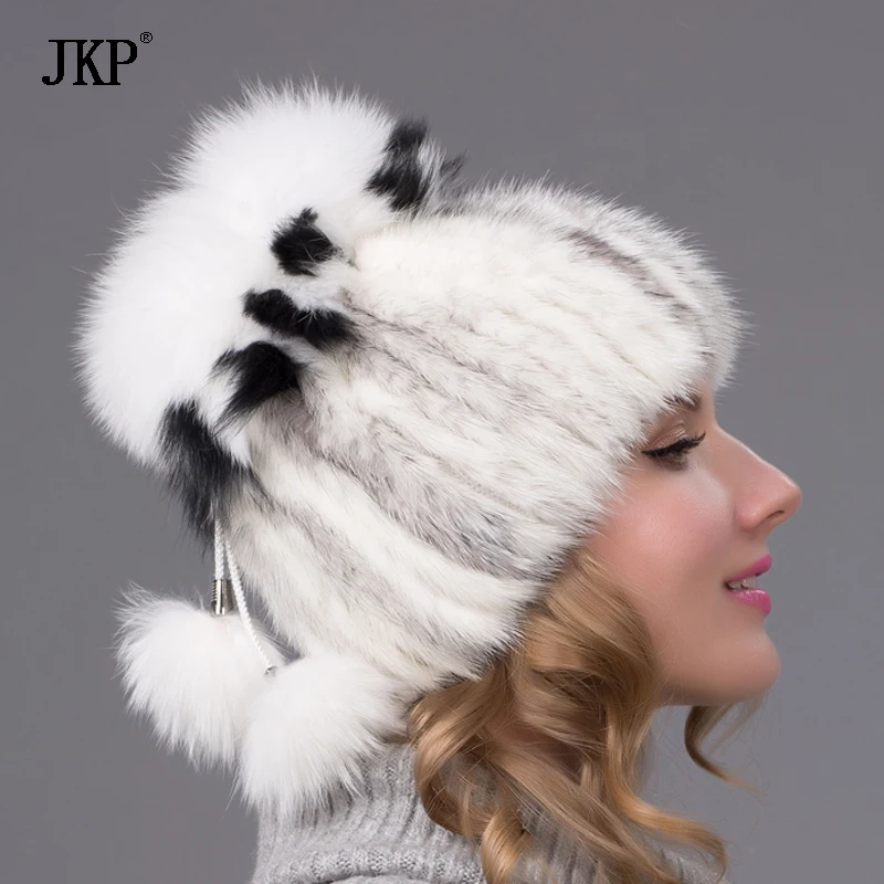 JKP winter Women\'s Fur Hats Knitted Mink Fur Hat Female With real Fox Fur Pompom Cap Lining Winter Girls Hats For Beanies