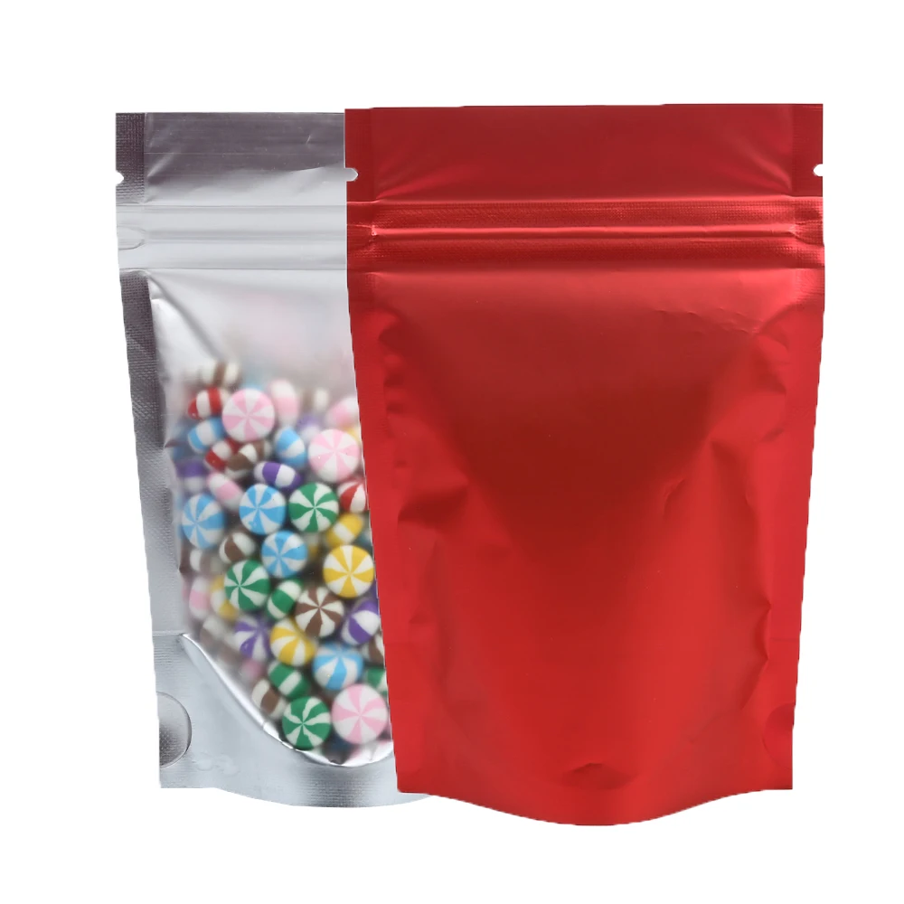 100pcs Metallic Stand Up Doypack, Clear Window Reusable Smell Proof Bag Food Storage Package Aluminum Foil Mylar Pouch