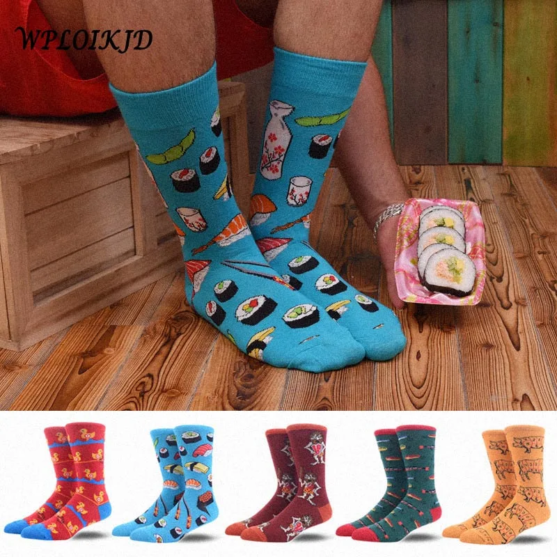 [WPLOIKJD]Men\'s Socks Combed Cotton Jacquard Animals Sushi Funny Socks Cartoon Business Dress Crew Socks Wedding Gift Sokken