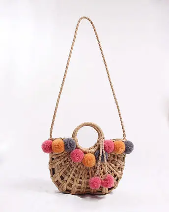 NEW Colorful Wool Ball Pom Beach Bag Shopping Basket Chic Woven Straw Handbags for Women Shoulder Bag Summer Totes female