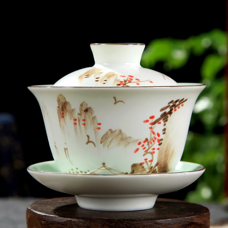 gaiwan porcelain handpainted mountain-river bamboo lotus print tureen cup bowl set with lid cup saucer coaster on sales China