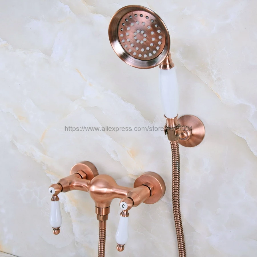 

Bathroom Antique Red Copper Shower Faucet Bath Faucet Mixer Tap With Hand Shower Faucet Set Wall Mounted Nna298