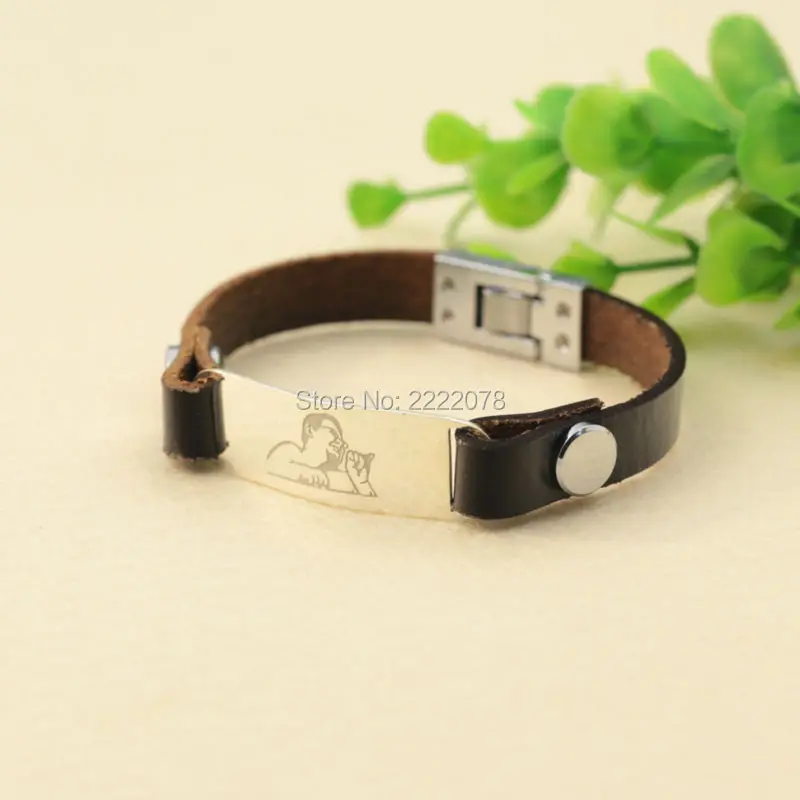 

Engrave Photo Bar Men Leather Bracelet Customized Charm Memorial Bangle For Father Gift