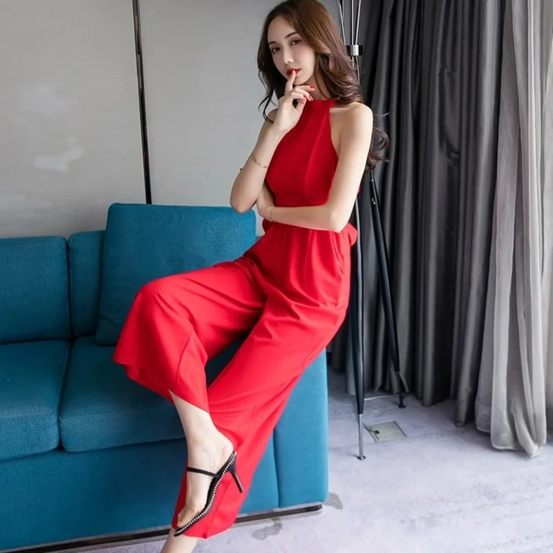 ฤดูร้อน Elegant Jumpsuits สำหรับสตรี 2019 สตรี Playsuit Halter ปิดไหล่ Rompers แขนกุดขากว้างง่าย Jumpsuit DD1933