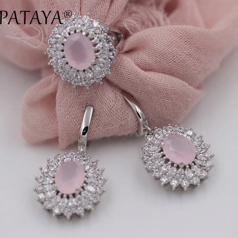 PATAYA New Women Luxury Wedding Jewelry Green Natural Zirconia Big Earrings Ring Sets True White Gold Color  Multicolor Jewelry