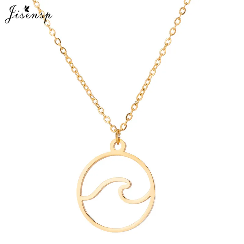 Jisensp Stainless Steel Wave Necklace Pendants Long Chain Beach Nautical Surfing Necklace Jewelry Tropical Wedding Jewelry Gift