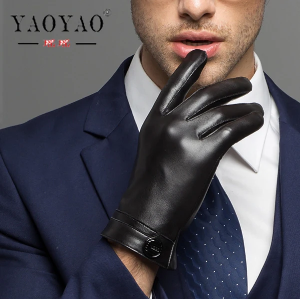 

YY8101 LUXURY Man Genuine Leather Button Black Thick/Thin Gloves Male Commercial Business meeting MC Host Driving Suede Luvas