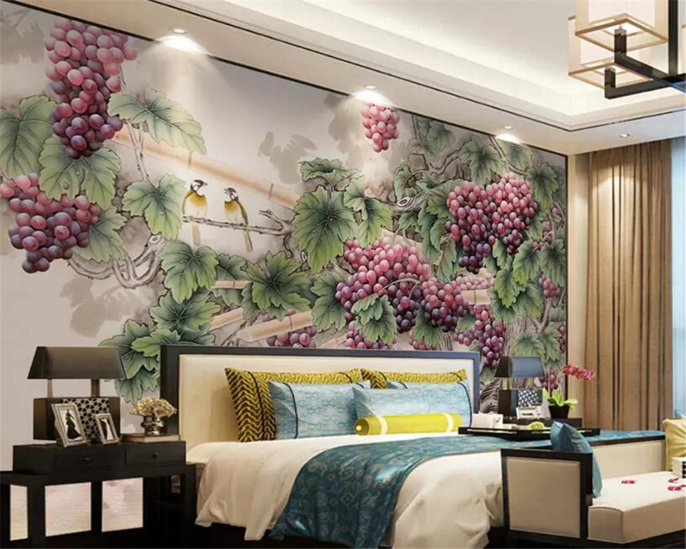 Custom photo fruit mural wallpaper hand-painted oil painting grape flower bird decoration background wall 3d wallpaper