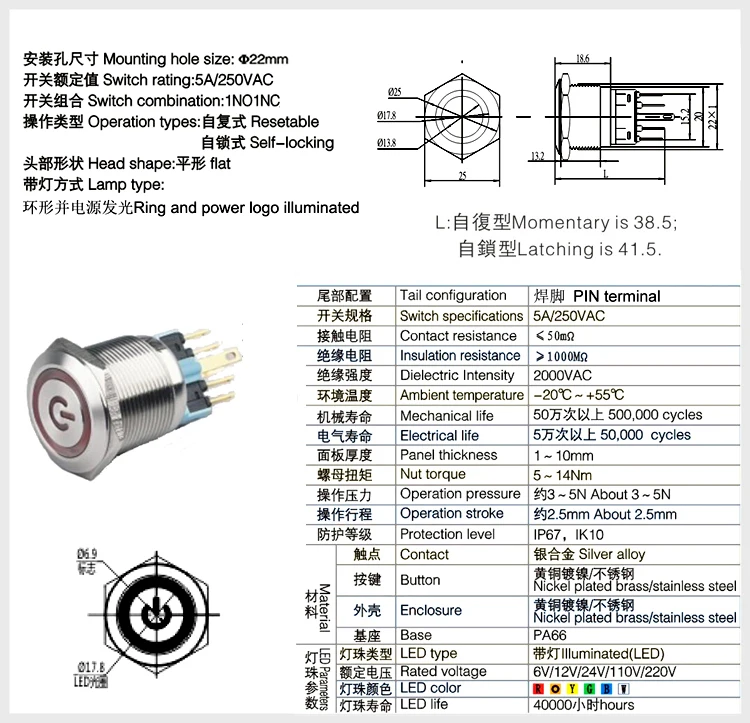 2284 22mm flat head stainless steel ring illuminated momentary low voltage 22mm push button