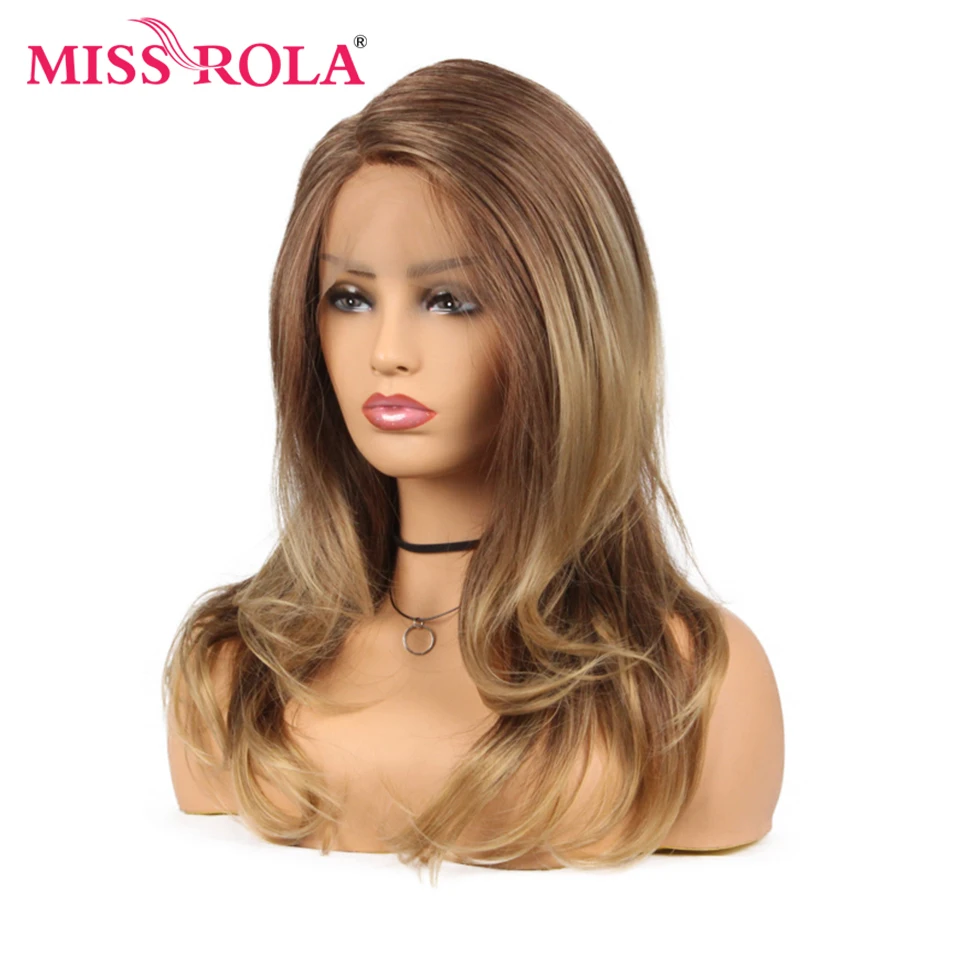 Fräulein Rola Synthetische Lange Wellenförmige Ombre Braun Spitze Perücke Für Schwarze Frauen Perücke 150% Dichte 22 Zoll Hitze Beständig Faser – Detail 4