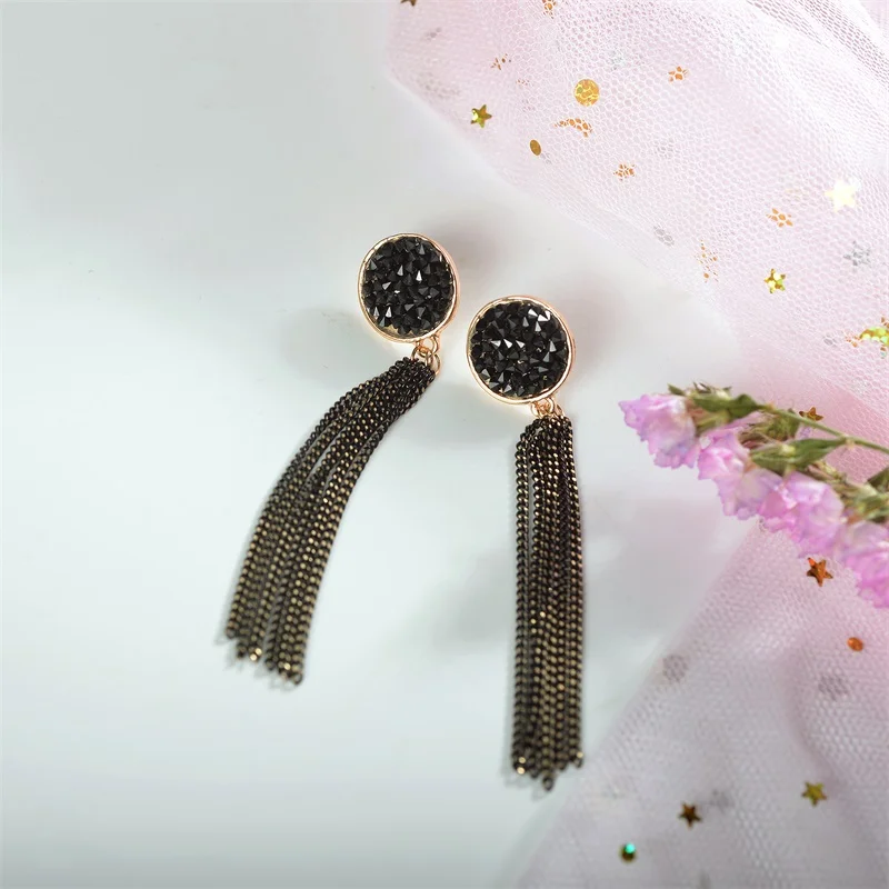 Women Golden Alloy Black Round Long Tassel Eardrops Simple Dangle Drop Earrings