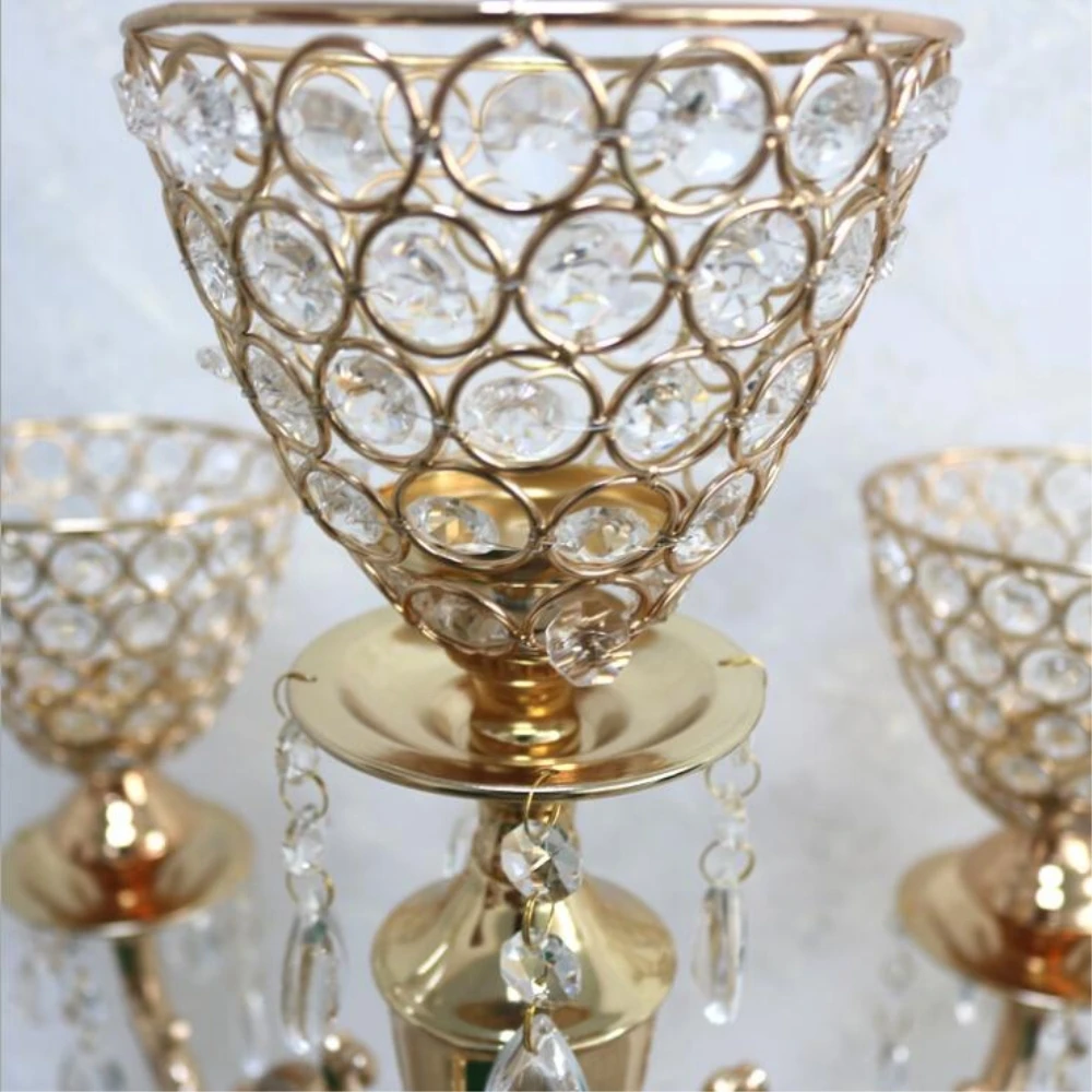 5-arms Candle Holders Metal Candelabras Gold Finish Candlesticks With Crystal Pendants Candle Holder Wedding Party Event Decor