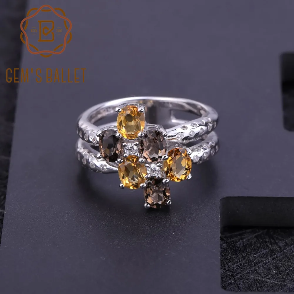 Gem's Ballet Natural Citrine Smoky Quartz Gemstone Ring 925 Sterling Silver Geometric Rings For Women Engagement Fine Jewelry