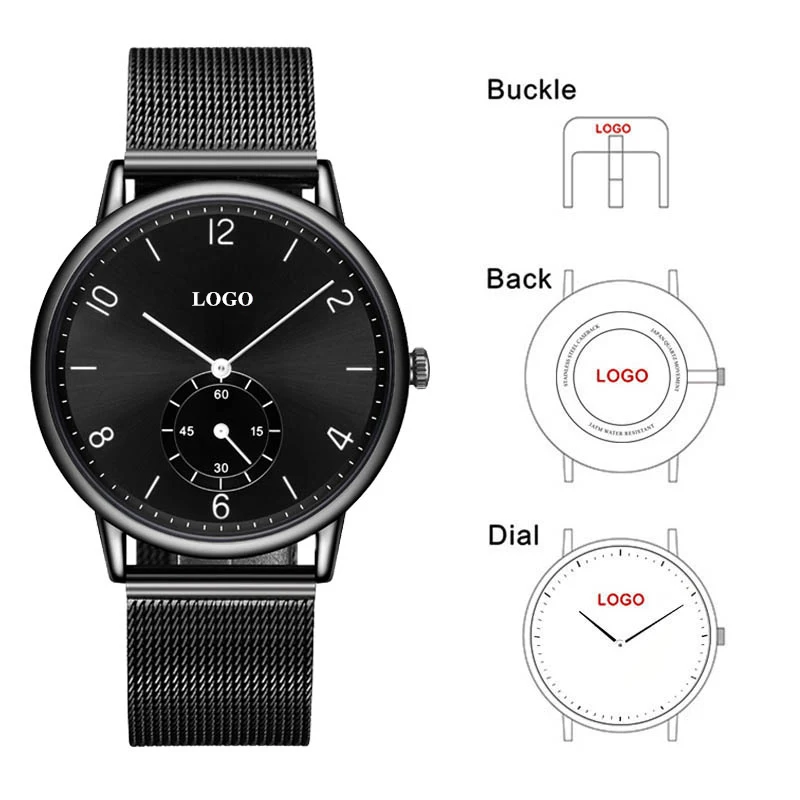 

CL031 OEM Brand Black Watch Dial Customize Logo Men Watches Stainless Steel and Leather Band Make Your Own Logo Watch