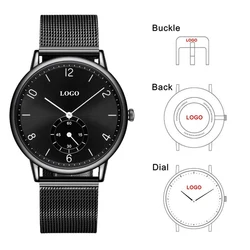 CL031 OEM Brand Black Watch Dial Customize Logo Men Watches Stainless Steel and Leather Band Make Your Own Logo Watch