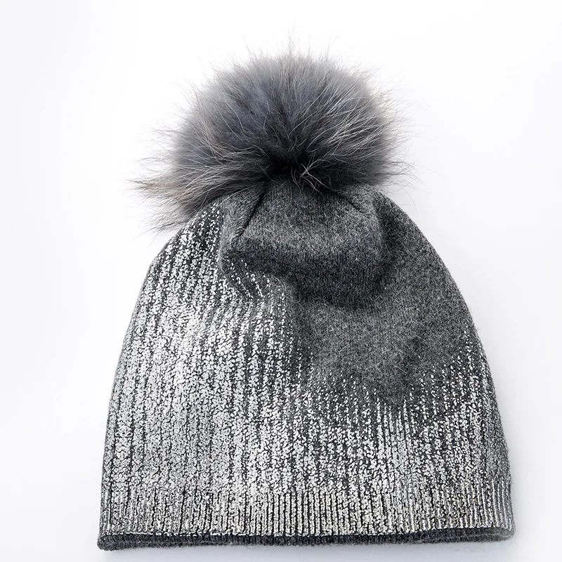 Wool Blends Metallic Beanie Knit Hat With Fur Pom Pom Slouchy Women Winter Hats