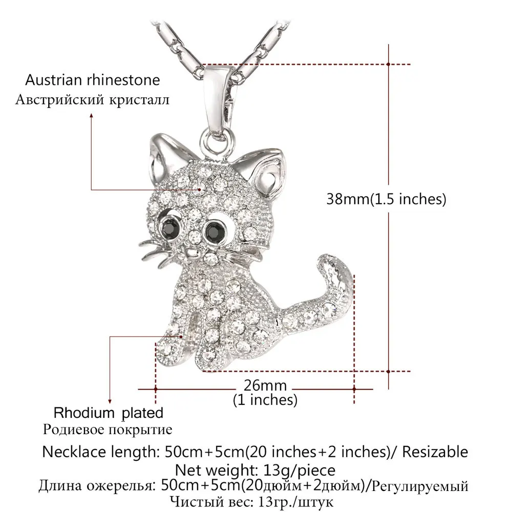 U7 Crystal Kitty Cat Pendant Necklace Jewelry for Women Girls Cat Lover Gifts Daughter Necklace 20+2 inch Chain P1027 QC24