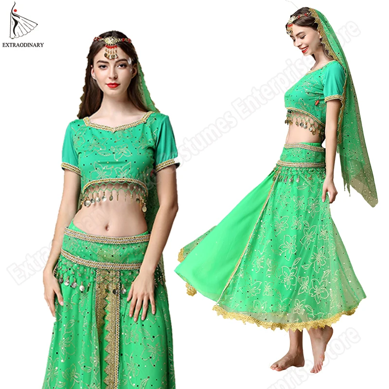 Sari For Women Indian Clothes Sari Bollywood Dress Belly Dance Costume Suit Women Chiffon 5pcs (Headpieces Veil Top Belt Skirt)