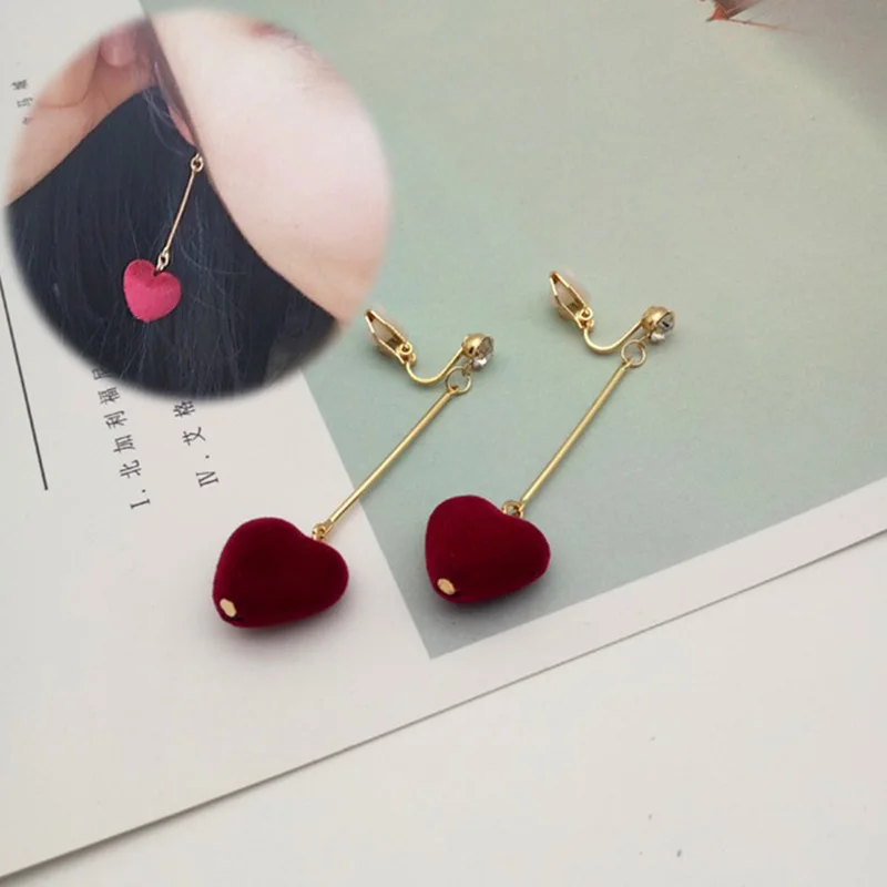 Korea Style Charm Peach Heart Long Bar Gold Color Clip on Earrings Without Piercing for Girl Party Needn\'t Ear Hole Ear Clip New