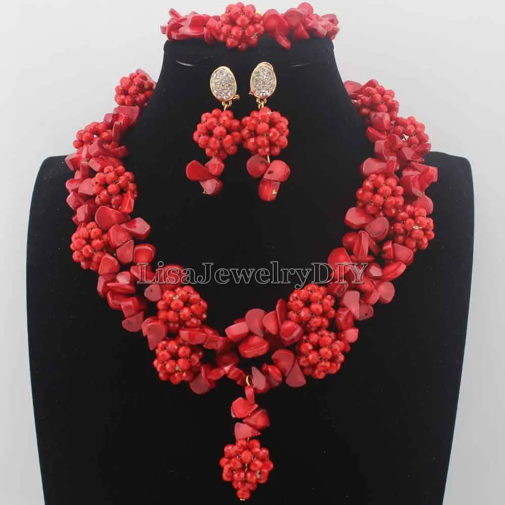 

Gorgeous Nigerian Red Bead Necklaces Wedding Coral Beads Jewelry Set African Beads Jewelry Set for women Free Shipping HD8696